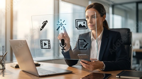 Creative professional interacting with digital holographic interface for content creation media management and video production workflows