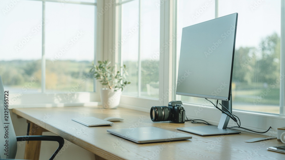 Fototapeta premium Inviting Modern Home Office Workspace Bathed in Natural Light with a Serene Window View