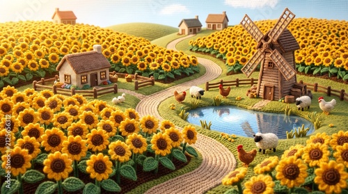 Handmade Yarn Art Knitted Sunflower Field Landscape Flat Textile Art with Windmill and Cottages