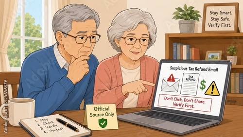 Senior couple reviewing cyber security warning on laptop with phishing email alert and safe verification message in home office