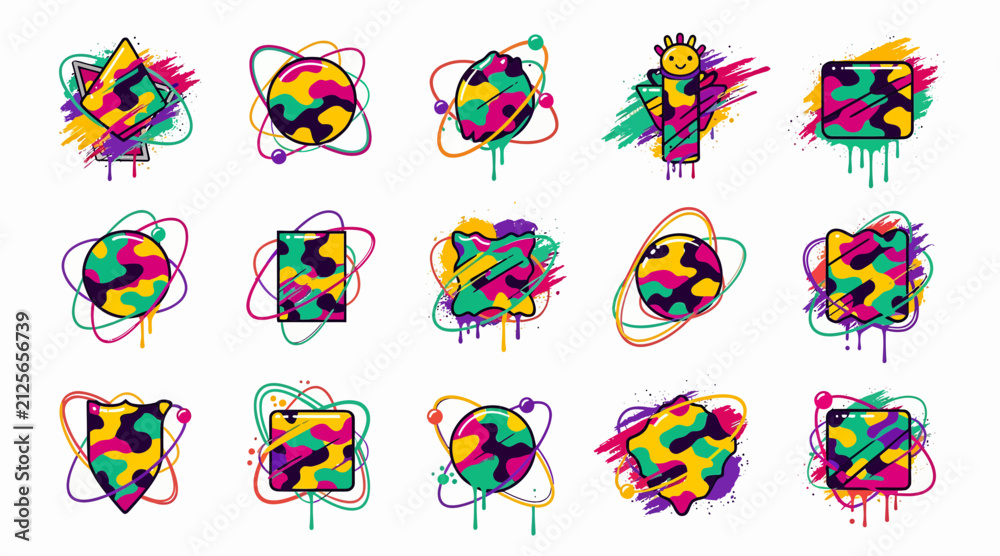 Fototapeta premium Abstract Geometric Shapes, Colorful Splashes, Graffiti Style Icons