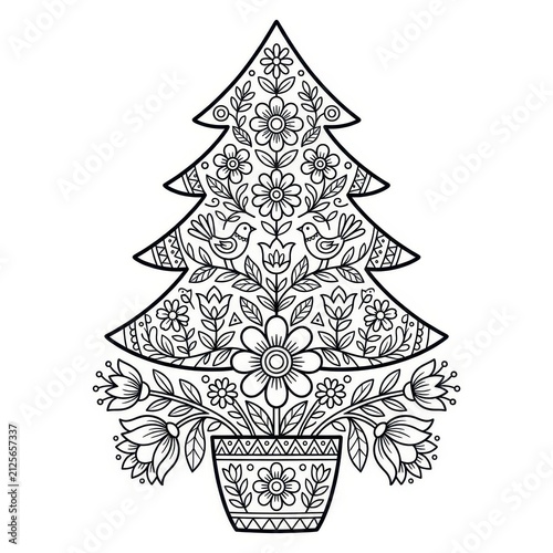 Folk art Christmas tree with flowers and birds