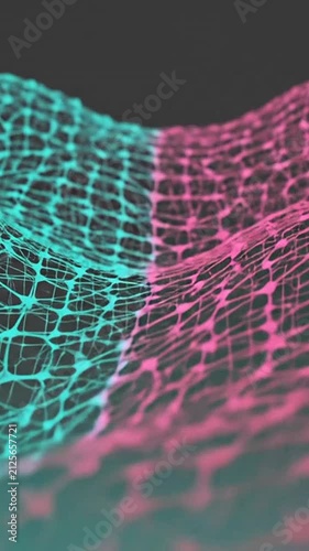 Abstract 3D digital mesh network featuring glowing cyan and magenta nodes on a dark background.