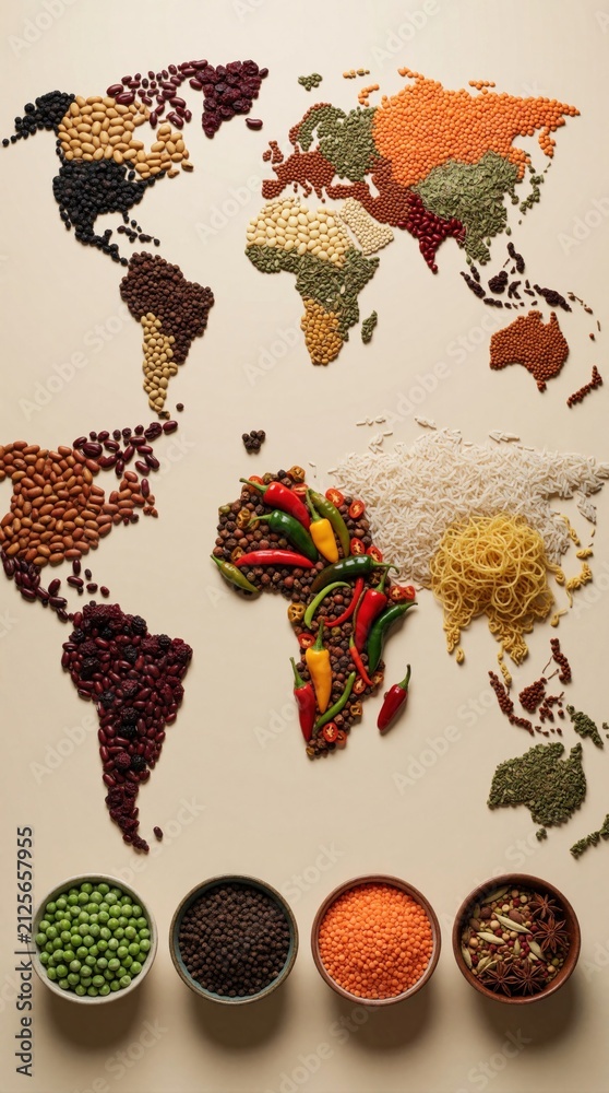 Fototapeta premium World map composed of dry food ingredients like beans grains spices vegetables. Different dry products form continents on beige table background. Culinary creative art project shows global food