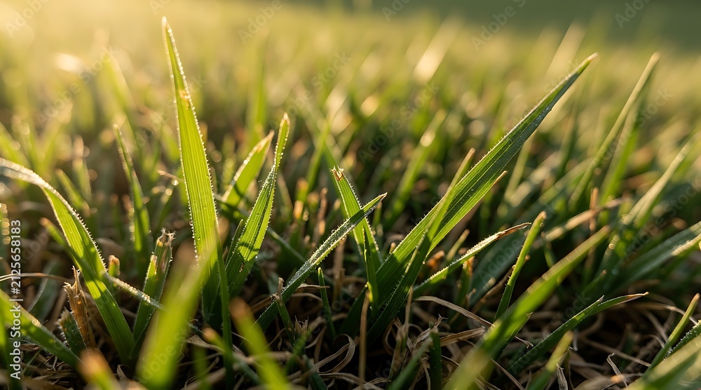 Obraz premium Macro Close-Up of Fresh Green Grass Blades with Sparkling Morning Dew Drops in Golden Sunrise Light