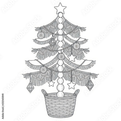 Macrame Christmas tree in a basket with ornaments