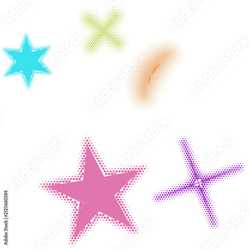 Colorful geometric shapes and icons set with star, cross, and blob design isolated on transparent background