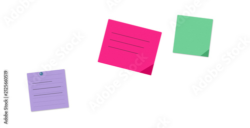 Three colorful sticky notes with text isolated on white background isolated on transparent background