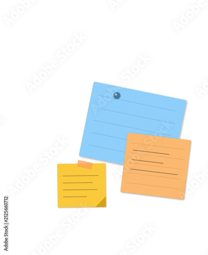 Three colorful sticky notes floating in empty space isolated on transparent background