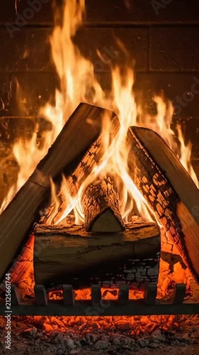 Cozy wood fire burning with bright orange flames and glowing embers inside a dark brick fireplace.