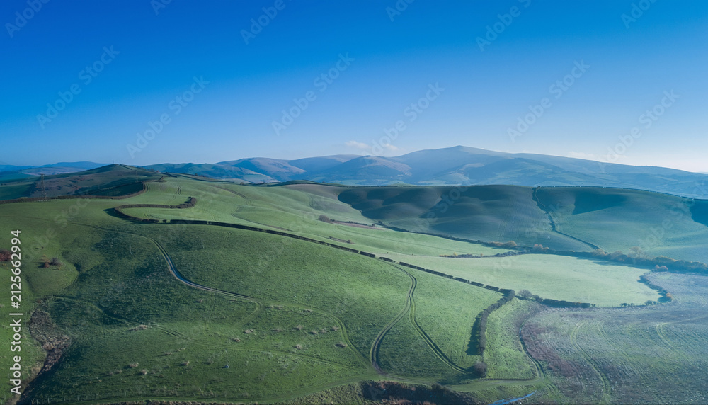 Fototapeta premium Serene Rolling Hills Landscape with a Clear Blue Sky and a Winding Road