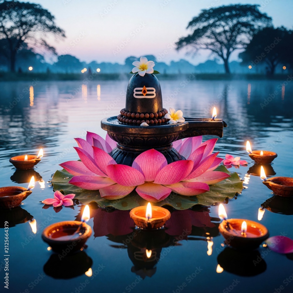 Obraz premium Stone Shivling rests on pink lotus flower floating in dark water. Small oil lamps glow around sacred Hindu symbol at sunrise. Morning mist rises above lake surface as calm atmosphere surrounds