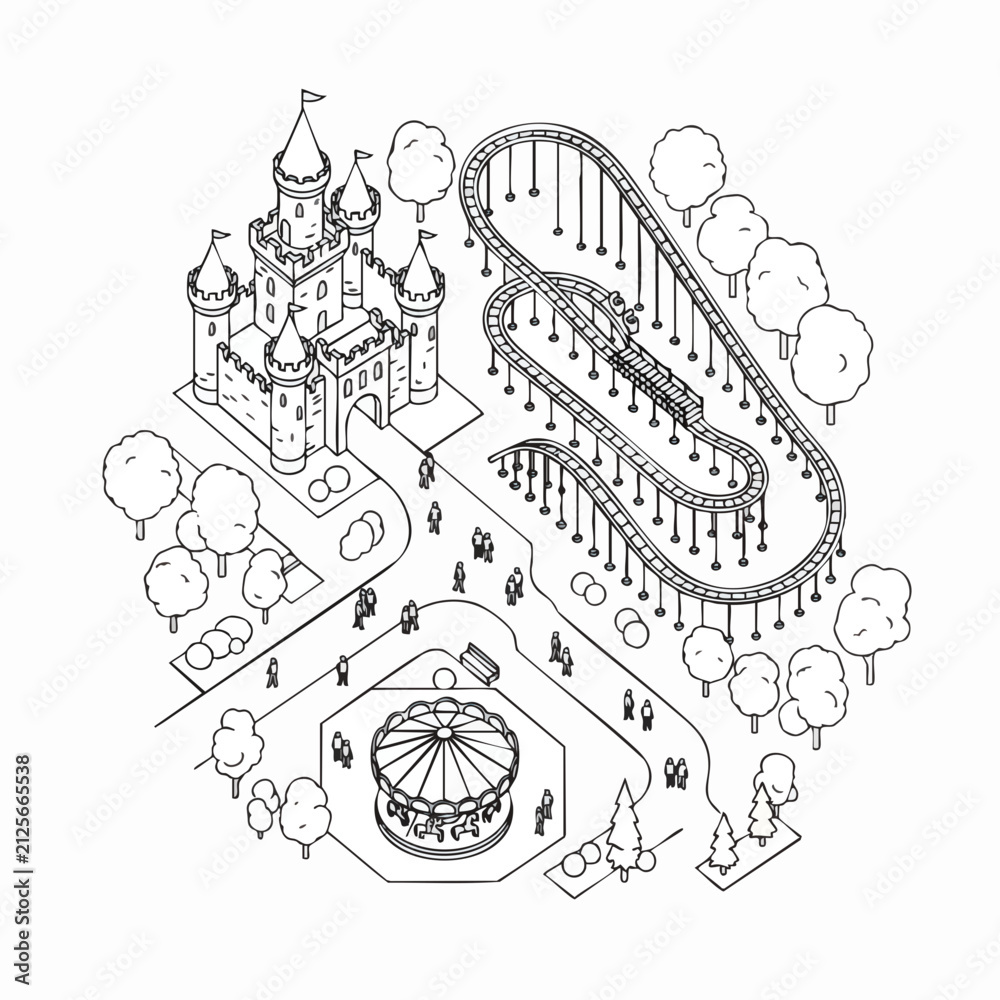 Fototapeta premium Detailed isometric amusement park illustration with a fairytale castle, roller coaster, and carousel in clean black line art, concept for family leisure, vacation map layout, and creative coloring