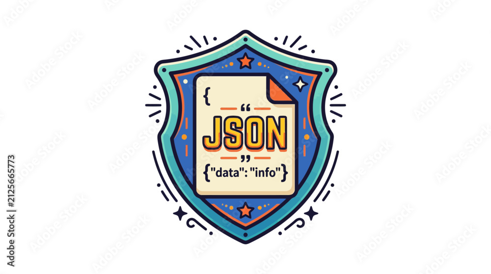 Naklejka premium JSON Data Emblem - Coding and Technology Badge with Abstract Shapes