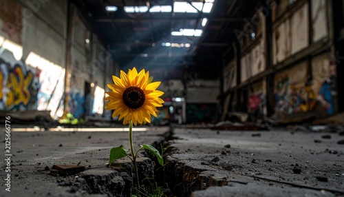 Sunflower Growing Through Ruined Building