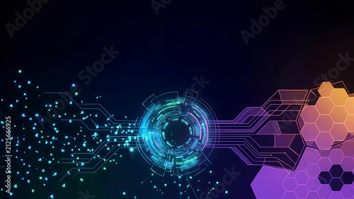 abstract digital technology background with futuristic geometric shapes and glowing elements