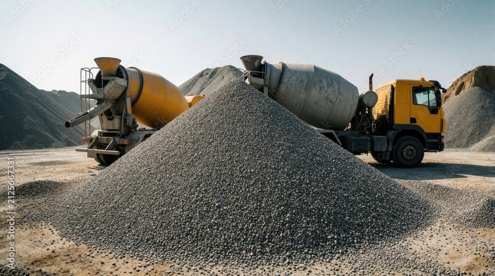 Obraz premium Yellow cement mixer trucks park at large gravel mounds on construction site. Heavy machinery operates in open stone quarry for building material supply. Industrial landscape with sand piles, mineral