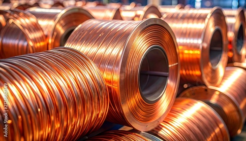 Shiny copper coils stacked in an industrial setting, representing essential raw materials for electrical, telecommunications, and construction industries