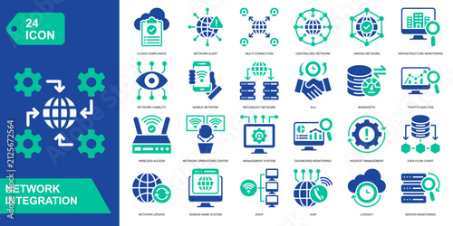 Network Integration Solid Icon Set. Featuring system connectivity, data exchange, cloud integration, and API communication. Vector icons for enterprise software and IT platforms.