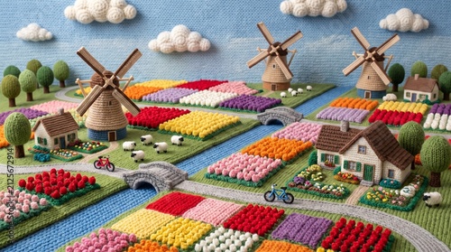 Handmade Yarn Art Knitted Dutch Landscape Diorama with Colorful Tulip Fields and Windmills