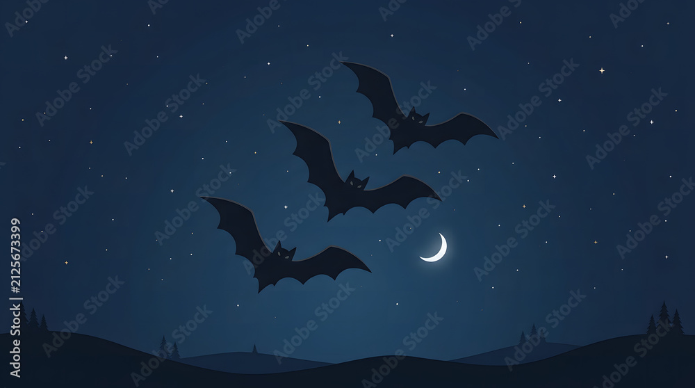 Fototapeta premium Halloween Night Bats Flying Under Crescent Moon Vector Landscape