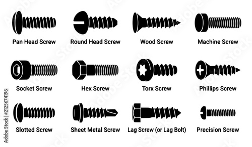 Black Screw Hardware Icon Pack Flat Vector Illustration for Construction and Engineering