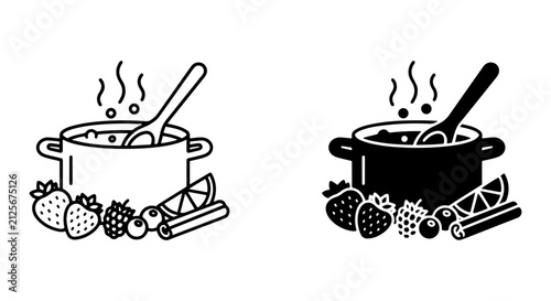 Obraz na plátne Hot Stew Pot with Berries and Citrus, Warm Comfort Food Vector Icons, Culinary C