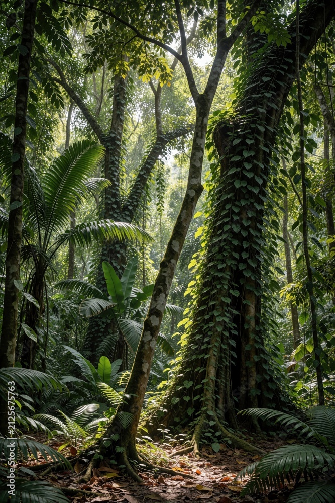 Fototapeta premium Young sapling tree leans across large vine covered trunk in dense tropical jungle. Rich green foliage, dappled sunlight on forest floor illustrates nature growth, ecosystem balance. Wild plants grow.