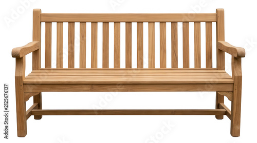 A classic wooden garden bench with a slatted back and armrests crafted from natural brown timber for outdoor seating use isolated on transparent background