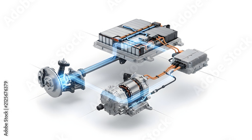 Electric Vehicle Chassis with Battery Pack Electric Motor Inverter and Front Drive Axle Exploded Technical Engineering Visualization