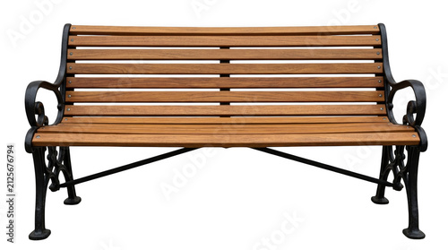 Classic wooden park bench with black metal frame  isolated on transparent background