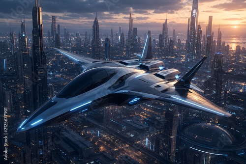 Futuristic Stealth Spacecraft Flying Above Cyberpunk Megacity at Sunset, Advanced Sci Fi Aerospace Vehicle with Neon Lights and Ultra Modern Skyline
