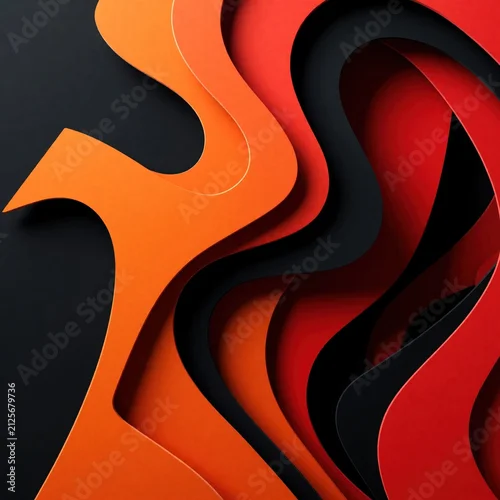 Panel kuchenny z motywem Abstract layered paper shapes with vibrant orange red black colors create dynamic wavy patterns. Modern graphic design background for websites banners presentations.