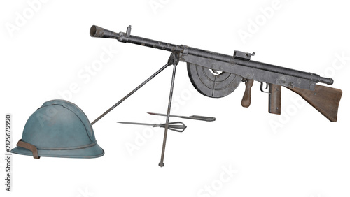 Fotografía 3d rendering of a vintage machine gun with a helmet and tools