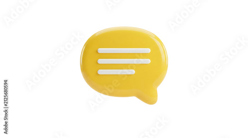 Yellow 3D speech bubble icon. Chat message notification symbol for digital communication.