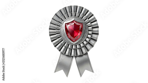 Red heart-shaped award badge with silver ribbon. Isolated 3D trophy emblem for love and achievement recognition.