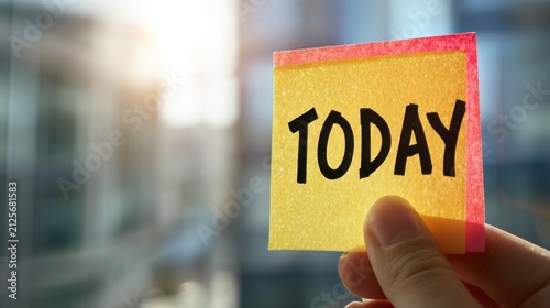 Hand holding yellow sticky note with word today written in black marker.