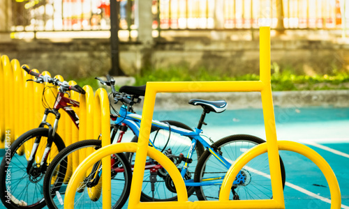 Bicycle sharing systems. Bicycle for rent business. Bicycle for city tour at bike parking station. Eco-friendly transport. Urban economy public transport. Bike station in the park. Healthy lifestyle.