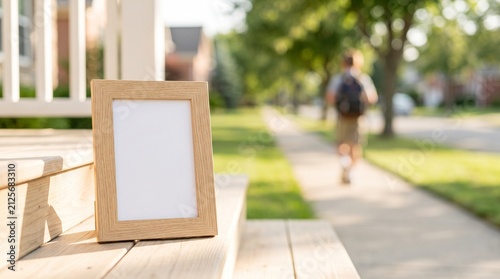 Blank wooden picture frame mockup on porch steps with blurred child walking to school