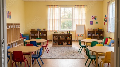 Bright empty preschool classroom with colorful chairs and wooden tables