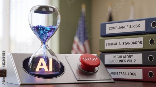 AI hourglass with stop button and compliance file folders symbolizing ethical artificial intelligence, regulatory guidelines, audit trail logs and risk management