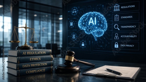 AI regulation and ethics concept with scales, gavel, legal books, data privacy, transparency, accountability, standards and compliance in modern office law setting