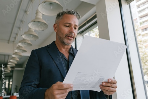 Mature man in a navy blazer reviewing a printed document with analytical concentration for corporate finance and consulting campaigns