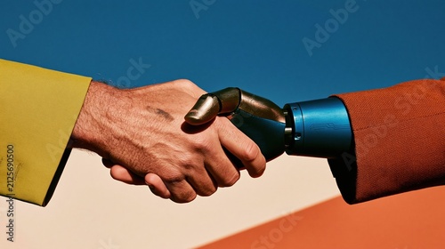 Human hand shaking a robotic hand in a firm grip, featuring tactile fabric textures and metallic circuit engravings for technology partnership and innovation concepts