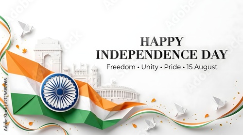 Happy independence day india celebration banner with tricolor flag with creative paper cut