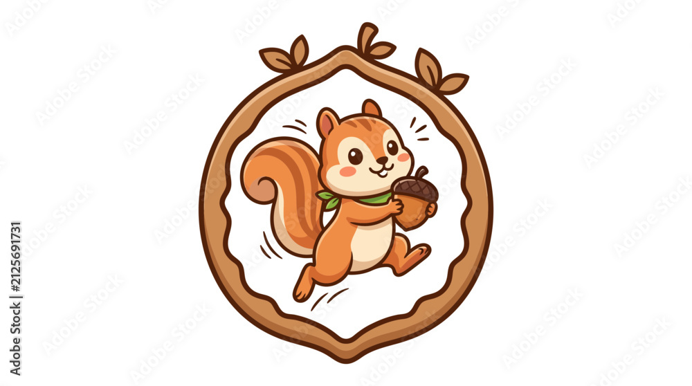 Fototapeta premium cartoon squirrel holding acorn in wooden frame