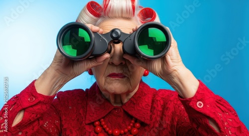 Funny Senior Woman with Red Hair Rollers Looking Through Binoculars on Blue Background, Nosy Grandmother Concept
