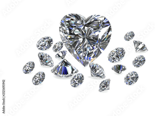 Brilliant heart-shaped white diamond with small diamonds isolated on white background . 3d rendering