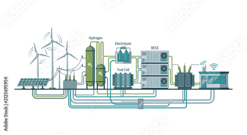 Cuadro en lienzo Renewable energy system with solar panels, wind turbines, electrolyzer, and fuel cells powering a building