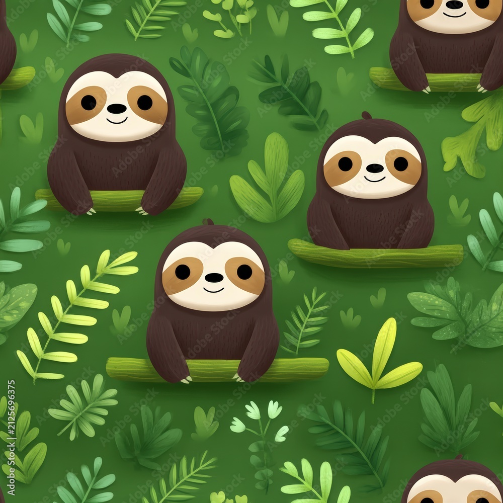 Naklejka premium Seamless pattern with cute cartoon sloths on tree branches in a tropical forest